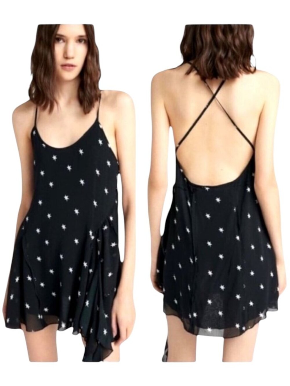 Re/Done Dress Women Large Black‎ Silk Star Print Criss Cross Back The 80s Mini